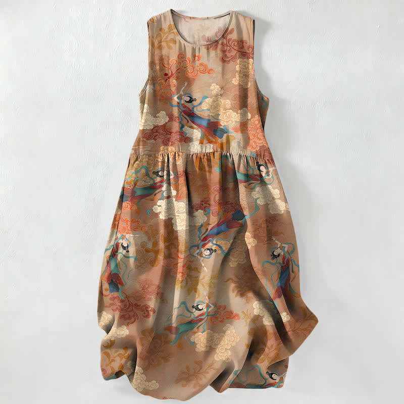 Buddha Stones Vestido midi de verano informal para mujer con estampado de nubes orientales y bolsillos. - BurlyWood - US16，UK/AU20，EU48 (3XL) - image 0