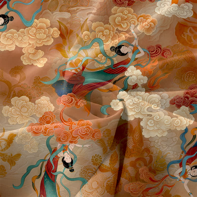 Buddha Stones Vestido midi de verano informal para mujer con estampado de nubes orientales y bolsillos. - image 3