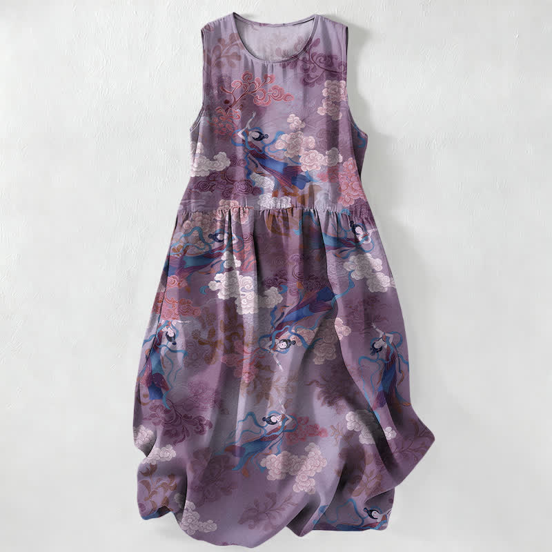 Buddha Stones Vestido midi de verano informal para mujer con estampado de nubes orientales y bolsillos. - Morado medio - US16，UK/AU20，EU48 (3XL) - image 4