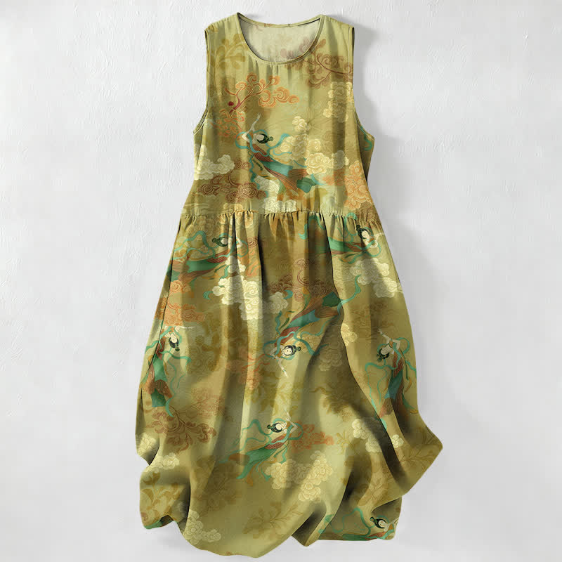 Buddha Stones Vestido midi de verano informal para mujer con estampado de nubes orientales y bolsillos. - Verde amarillento - US16，UK/AU20，EU48 (3XL) - image 5