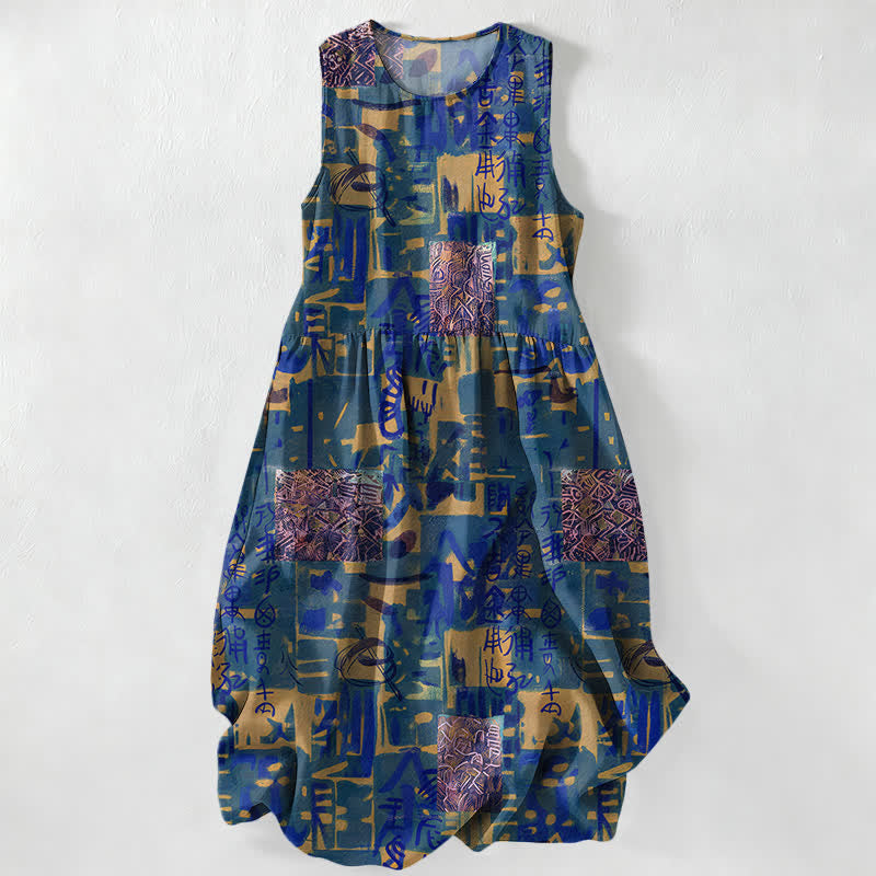 Buddha Stones Vestido midi de verano informal para mujer con estampado geométrico abstracto tipo patchwork y bolsillos. - Azul real - US16，UK/AU20，EU48 (3XL) - image 4