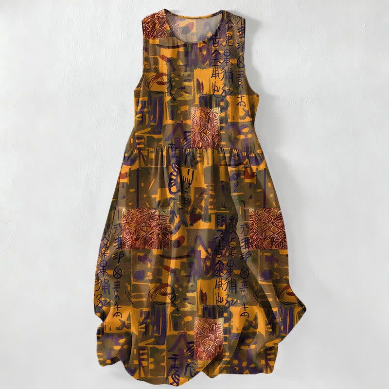 Buddha Stones Vestido midi de verano informal para mujer con estampado geométrico abstracto tipo patchwork y bolsillos. - vara de oro - US16，UK/AU20，EU48 (3XL) - image 5