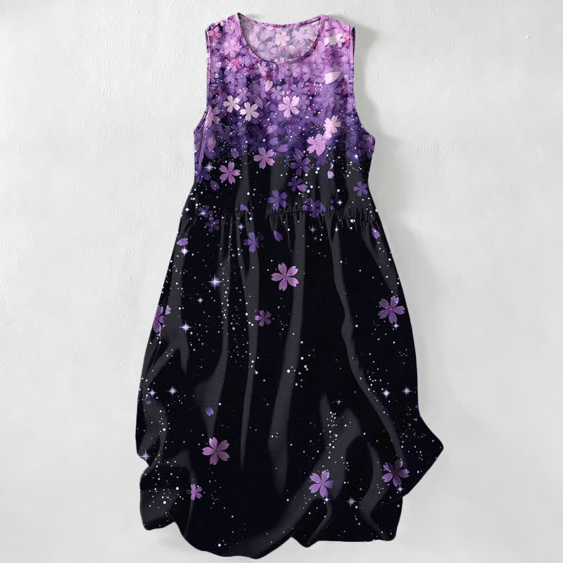 Buddha Stones Vestido midi de verano informal para mujer con estampado de flores de cerezo y efecto estrellado, sin mangas y con bolsillos. - Orquídea - US16，UK/AU20，EU48 (3XL) - image 5