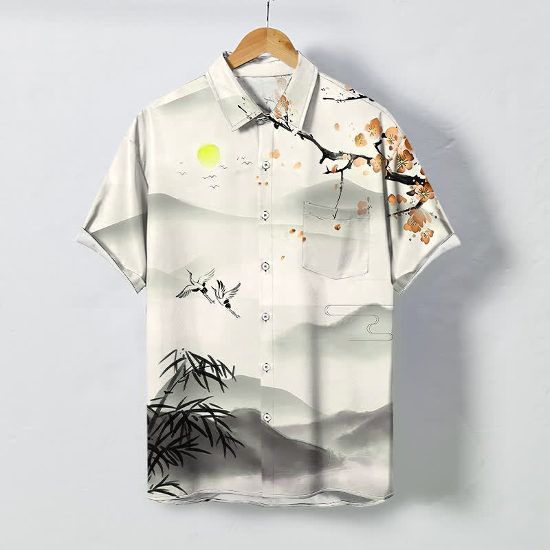Buddha Stones Camisa de manga corta para hombre, transpirable, con estampado de paisaje de tinta, grulla, bambú y flor de ciruelo, botones y resistente a las arrugas. - Marfil - US/UK/AU48, UE58 (4XL) - image 3