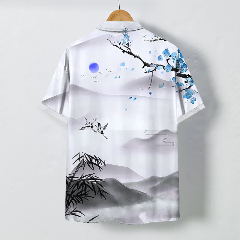 Buddha Stones Camisa de manga corta para hombre, transpirable, con estampado de paisaje de tinta, grulla, bambú y flor de ciruelo, botones y resistente a las arrugas. - image 7