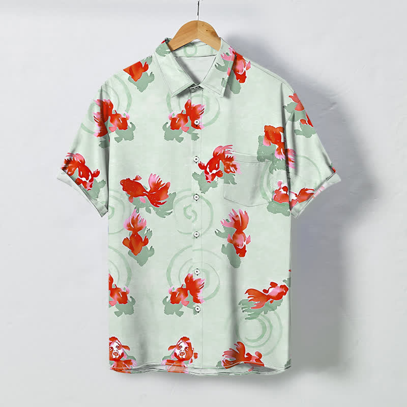 Buddha Stones Camisa de manga corta para hombre con botones y estampado de ondas de peces koi rojos, resistente a las arrugas. - Crema de menta - US/UK/AU48, UE58 (4XL) - image 3