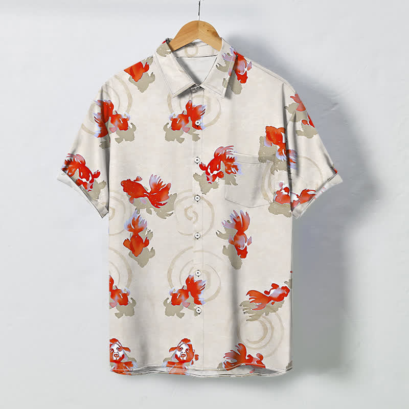 Buddha Stones Camisa de manga corta para hombre con botones y estampado de ondas de peces koi rojos, resistente a las arrugas. - Lino - US/UK/AU48, UE58 (4XL) - image 6