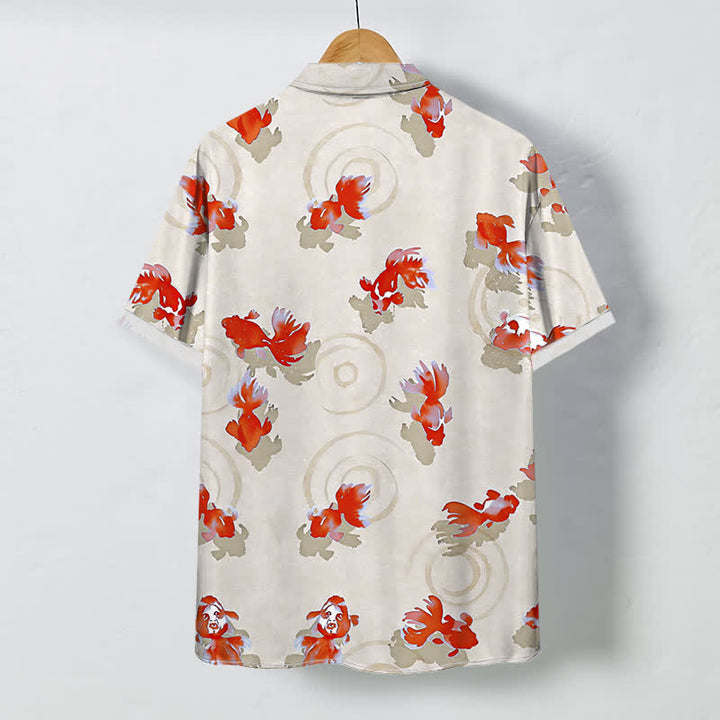 Buddha Stones Camisa de manga corta para hombre con botones y estampado de ondas de peces koi rojos, resistente a las arrugas. - image 7