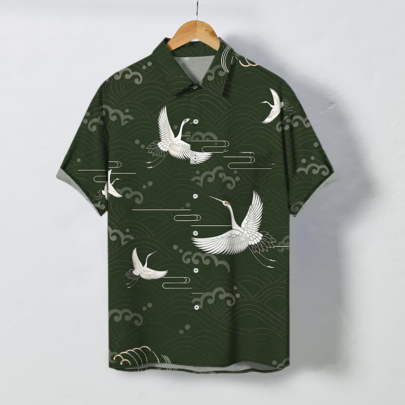 Buddha Stones Camisa transpirable de manga corta para hombre con botones y estampado de nubes y grullas. - Verde oscuro - US/UK/AU48, UE58 (4XL) - image 5
