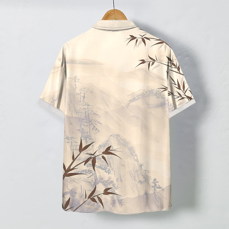 Buddha Stones Camisa transpirable de manga corta para hombre con botones y estampado de bambú y paisaje de tinta - image 7