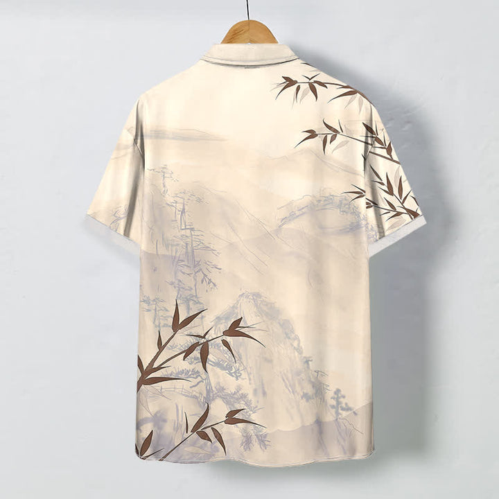 Buddha Stones Camisa transpirable de manga corta para hombre con botones y estampado de bambú y paisaje de tinta - image 7
