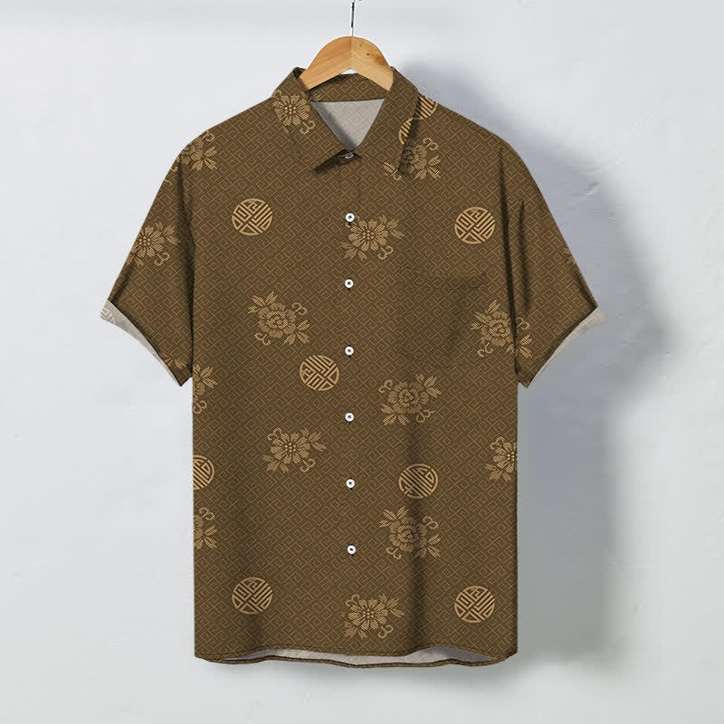 Buddha Stones Camisa transpirable de manga corta para hombre con botones y estampado geométrico floral tipo medallón. - Tierra de siena - US/UK/AU48, UE58 (4XL) - image 0
