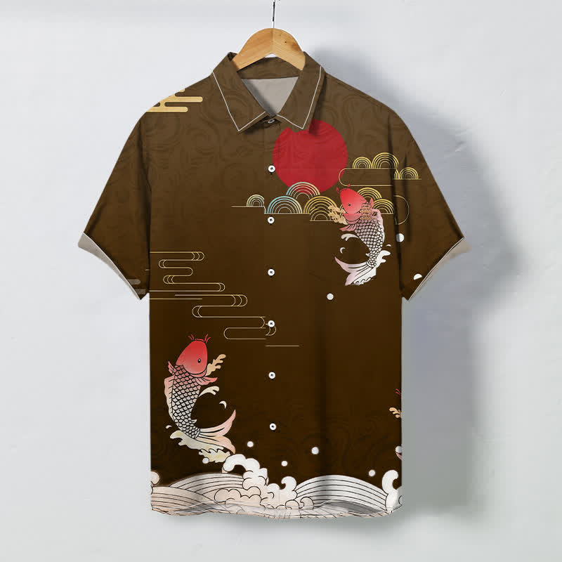 Buddha Stones Camisa transpirable de manga corta para hombre con estampado de olas de peces koi rojos y sol rojo. - Marrón silla de montar - US/UK/AU48, UE58 (4XL) - image 3