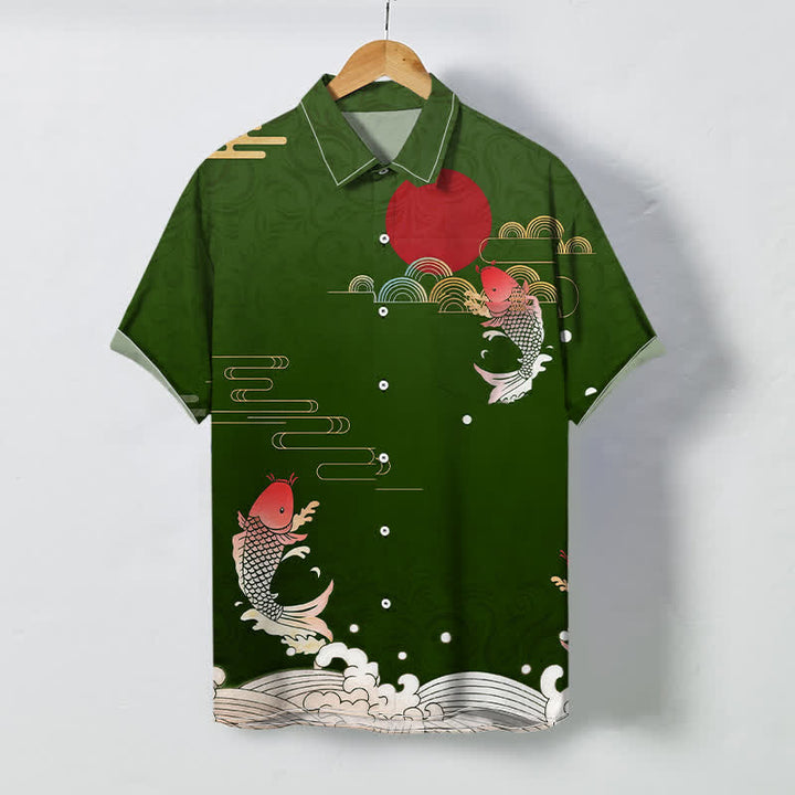 Buddha Stones Camisa transpirable de manga corta para hombre con estampado de olas de peces koi rojos y sol rojo. - Verde bosque - US/UK/AU48, UE58 (4XL) - image 6