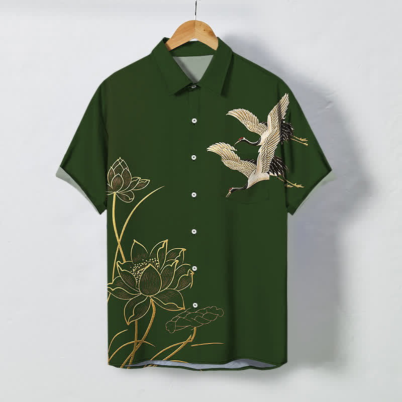 Buddha Stones Camisa transpirable de manga corta para hombre con botones y estampado de grulla y loto. - Verde bosque - US/UK/AU48, UE58 (4XL) - image 10