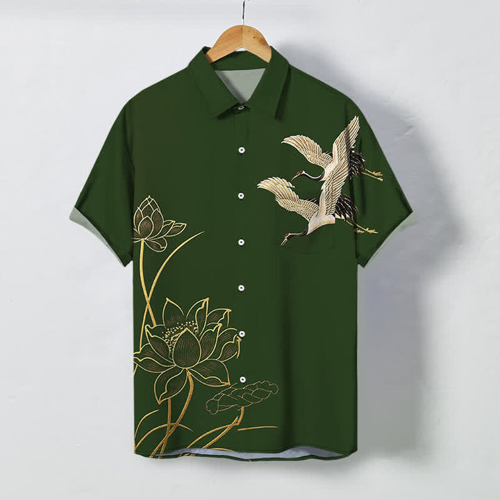 Buddha Stones Camisa transpirable de manga corta para hombre con botones y estampado de grulla y loto. - Verde bosque - US/UK/AU48, UE58 (4XL) - image 10