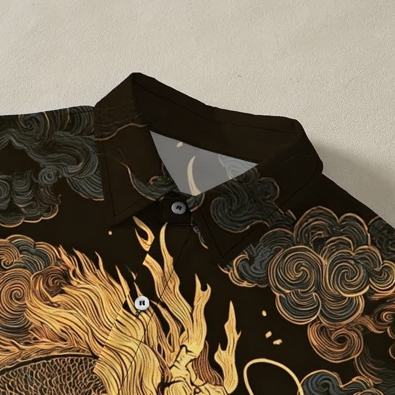Buddha Stones Camisa de manga corta para hombre con botones y estampado de nube de dragón dorado, resistente a las arrugas. - image 2