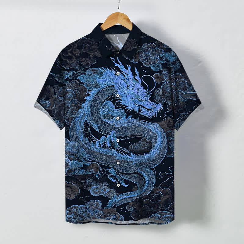 Buddha Stones Camisa de manga corta para hombre con botones y estampado de nube de dragón dorado, resistente a las arrugas. - Marina de guerra - US/UK/AU48, UE58 (4XL) - image 10