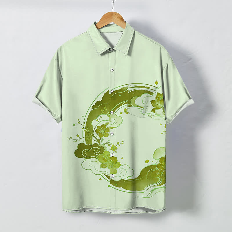 Buddha Stones Camisa de manga corta transpirable para hombre con estampado floral oriental de loto, flores de durazno y nubes. - Gotas de miel - US/UK/AU48, UE58 (4XL) - image 6
