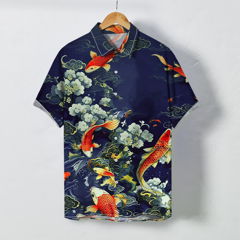 Buddha Stones Camisa de manga corta para hombre con estampado floral blanco, nubes y pez koi rojo, resistente a las arrugas. - Marina de guerra - US/UK/AU48, UE58 (4XL) - image 3