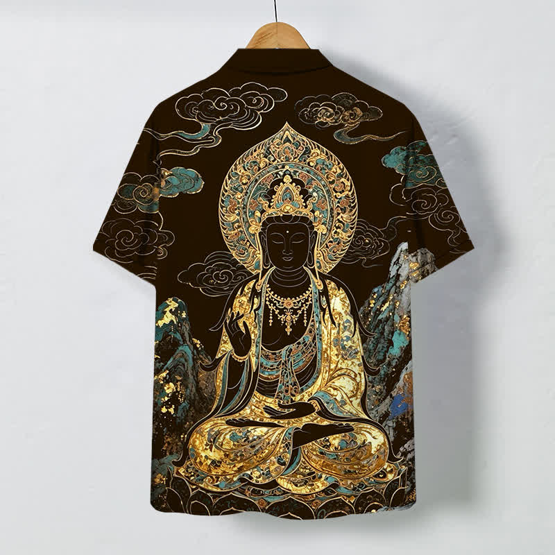 Buddha Stones Camisa de manga corta para hombre con botones y estampado de nubes y Buda dorado, resistente a las arrugas. - image 1