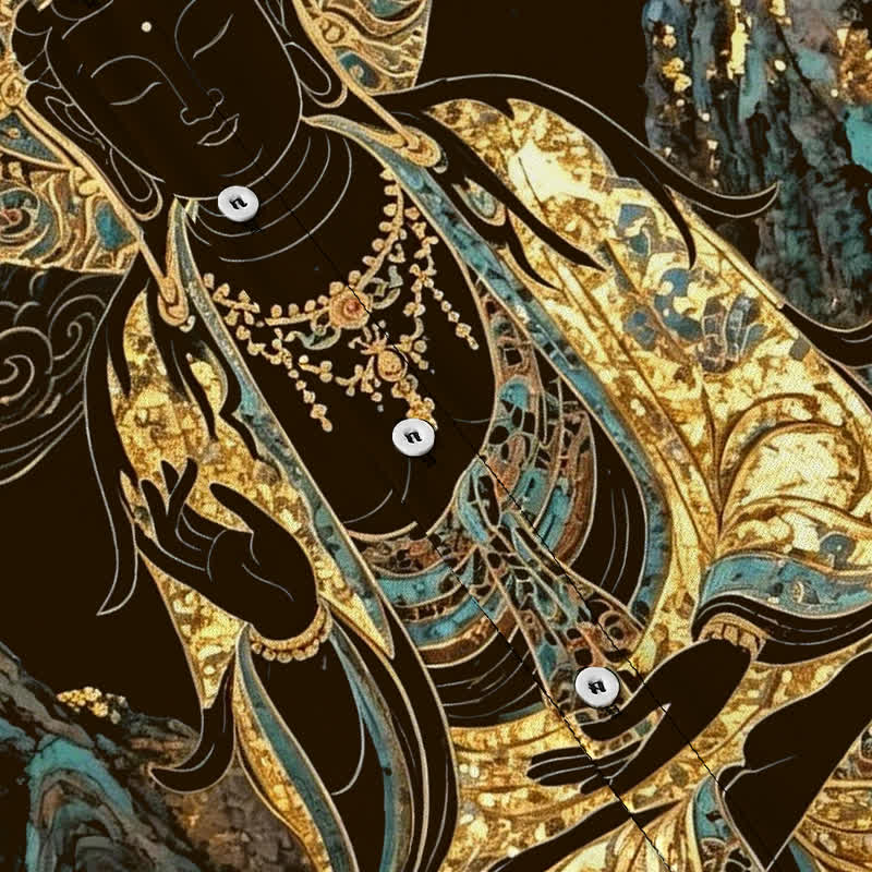 Buddha Stones Camisa de manga corta para hombre con botones y estampado de nubes y Buda dorado, resistente a las arrugas. - image 3