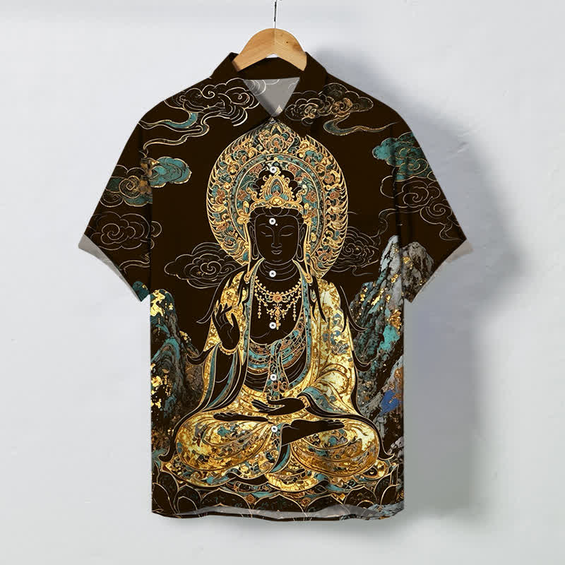 Buddha Stones Camisa de manga corta para hombre con botones y estampado de nubes y Buda dorado, resistente a las arrugas. - Marrón silla de montar - US/UK/AU48, UE58 (4XL) - image 0