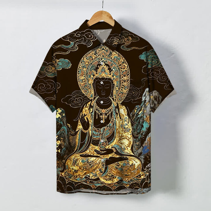 Buddha Stones Camisa de manga corta para hombre con botones y estampado de nubes y Buda dorado, resistente a las arrugas. - Marrón silla de montar - US/UK/AU48, UE58 (4XL) - image 0