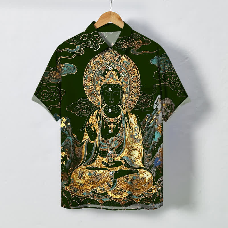 Buddha Stones Camisa de manga corta para hombre con botones y estampado de nubes y Buda dorado, resistente a las arrugas. - Verde oscuro - US/UK/AU48, UE58 (4XL) - image 5
