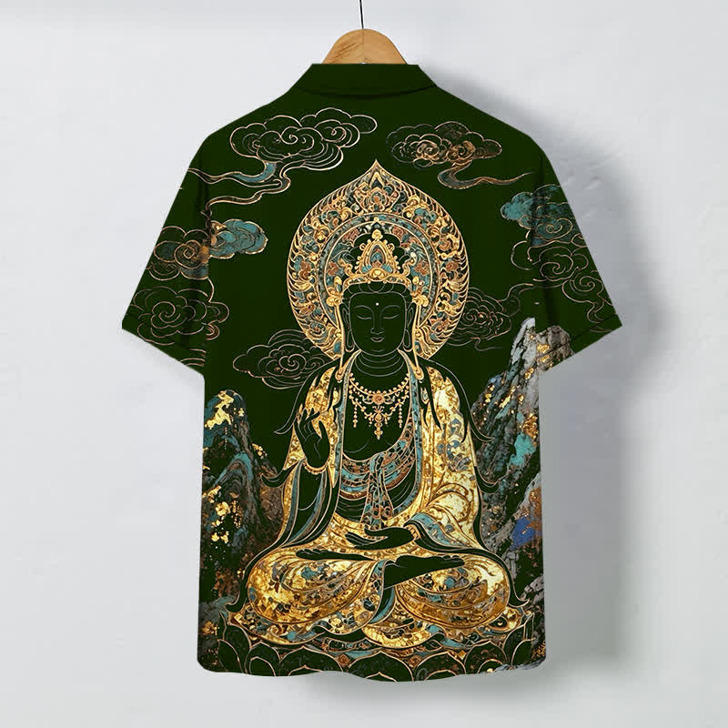 Buddha Stones Camisa de manga corta para hombre con botones y estampado de nubes y Buda dorado, resistente a las arrugas. - image 6