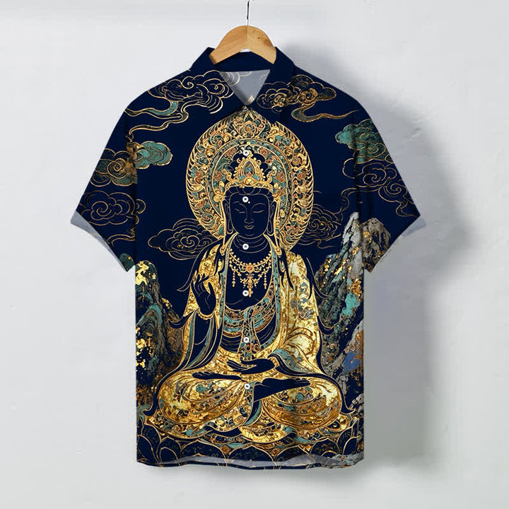 Buddha Stones Camisa de manga corta para hombre con botones y estampado de nubes y Buda dorado, resistente a las arrugas. - Azul medianoche - US/UK/AU48, UE58 (4XL) - image 10