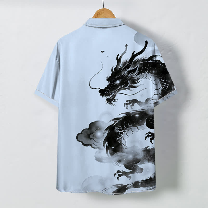 Buddha Stones Camisa de manga corta para hombre con botones y estampado de nube de dragón de tinta, resistente a las arrugas. - image 1