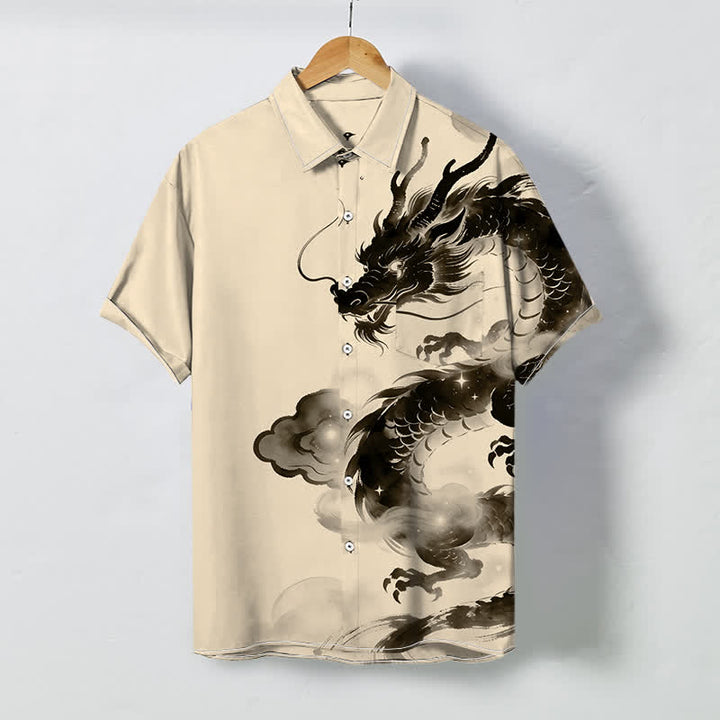 Buddha Stones Camisa de manga corta para hombre con botones y estampado de nube de dragón de tinta, resistente a las arrugas. - Lino - US/UK/AU48, UE58 (4XL) - image 3