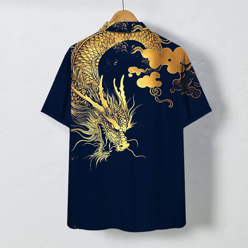 Buddha Stones Camisa de manga corta para hombre con botones y estampado de nube de dragón dorado, resistente a las arrugas. - image 1