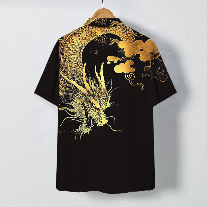 Buddha Stones Camisa de manga corta para hombre con botones y estampado de nube de dragón dorado, resistente a las arrugas. - image 6