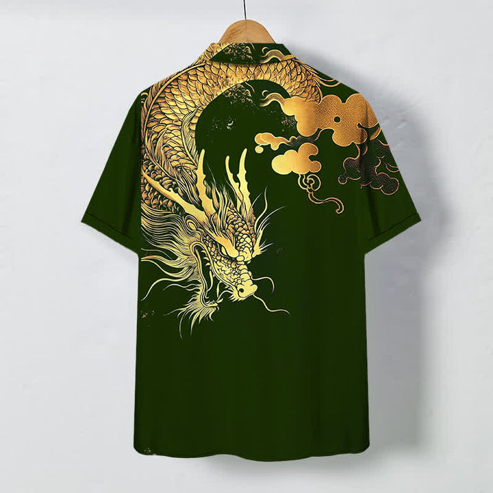 Buddha Stones Camisa de manga corta para hombre con botones y estampado de nube de dragón dorado, resistente a las arrugas. - image 11