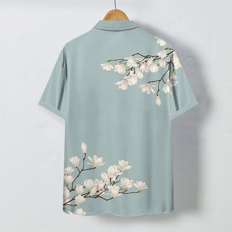 Buddha Stones Camisa de manga corta para hombre con botones y estampado floral de magnolia blanca, resistente a las arrugas. - image 1