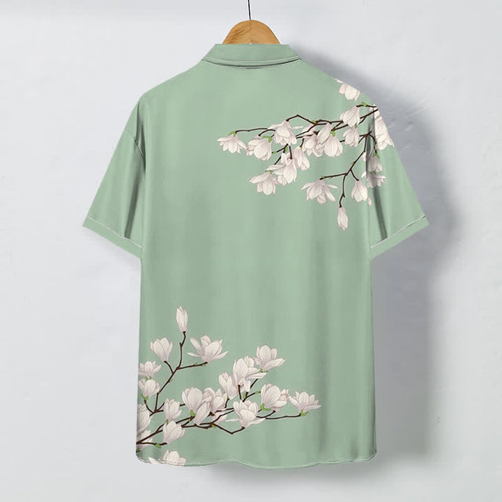 Buddha Stones Camisa de manga corta para hombre con botones y estampado floral de magnolia blanca, resistente a las arrugas. - image 4