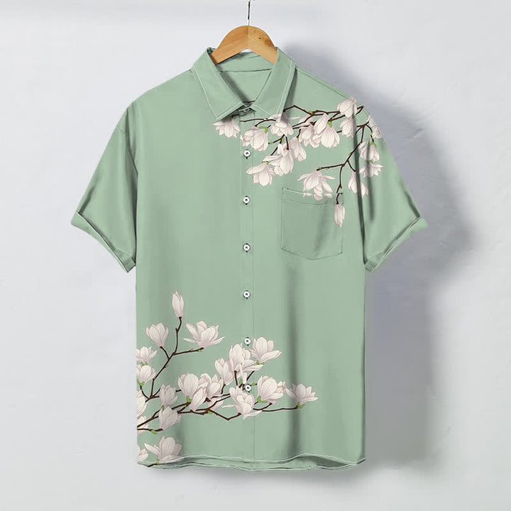 Buddha Stones Camisa de manga corta para hombre con botones y estampado floral de magnolia blanca, resistente a las arrugas. - Verde claro - US/UK/AU48, UE58 (4XL) - image 3