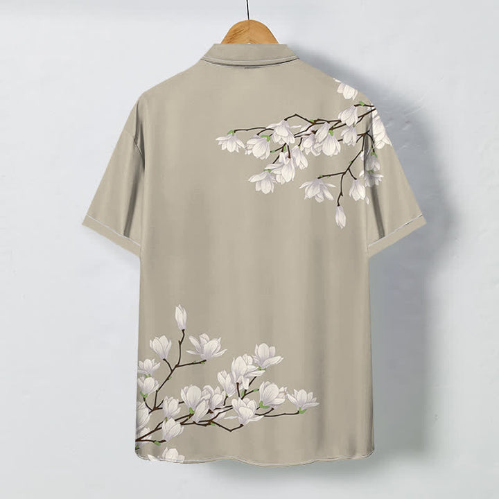 Buddha Stones Camisa de manga corta para hombre con botones y estampado floral de magnolia blanca, resistente a las arrugas. - image 7