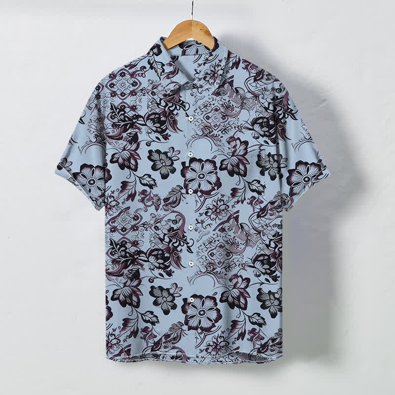Buddha Stones Camisa de manga corta para hombre con botones y estampado floral tropical, resistente a las arrugas. - Azul claro - US/UK/AU48, UE58 (4XL) - image 3