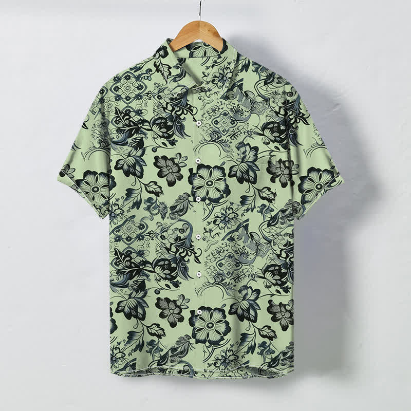 Buddha Stones Camisa de manga corta para hombre con botones y estampado floral tropical, resistente a las arrugas. - Verde pálido - US/UK/AU48, UE58 (4XL) - image 6