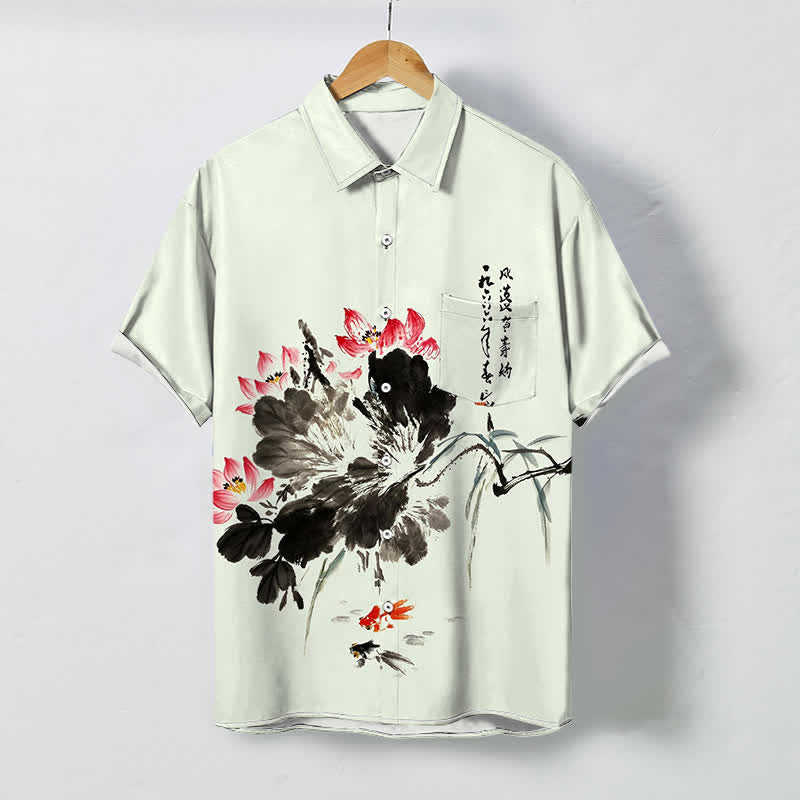 Buddha Stones Camisa transpirable de manga corta para hombre con botones y estampado de peces koi Ink Lotus - Crema de menta - US/UK/AU48, UE58 (4XL) - image 3