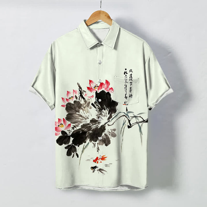 Buddha Stones Camisa transpirable de manga corta para hombre con botones y estampado de peces koi Ink Lotus - Crema de menta - US/UK/AU48, UE58 (4XL) - image 3