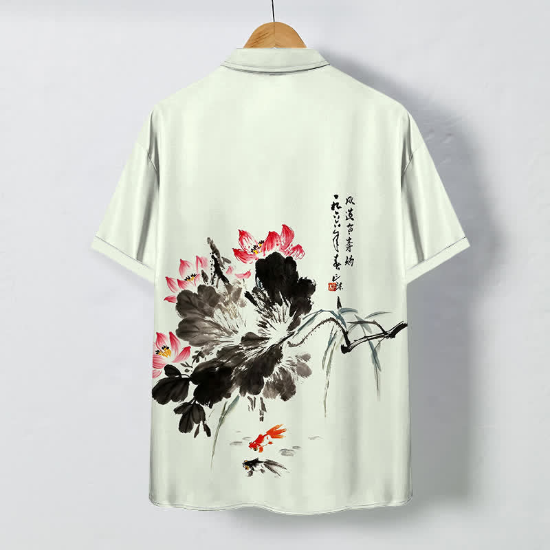 Buddha Stones Camisa transpirable de manga corta para hombre con botones y estampado de peces koi Ink Lotus - image 4