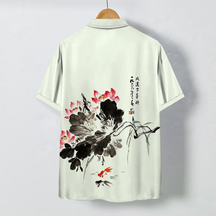 Buddha Stones Camisa transpirable de manga corta para hombre con botones y estampado de peces koi Ink Lotus - image 4