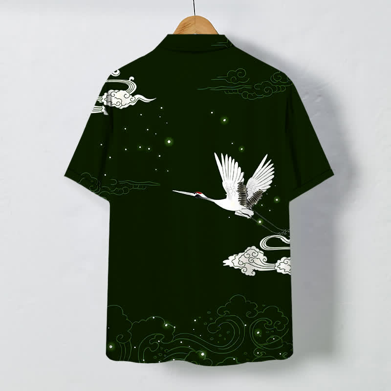 Buddha Stones Camisa de manga corta para hombre con botones y estampado de grullas voladoras y nubes, resistente a las arrugas. - image 6