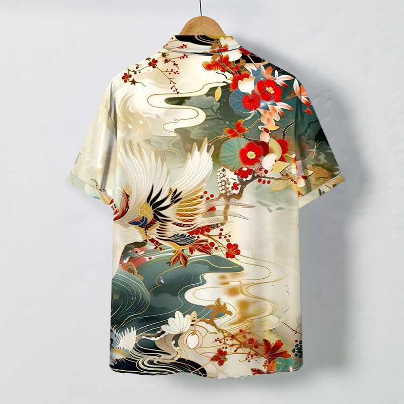 Buddha Stones Camisa transpirable de manga corta para hombre con botones y estampado floral de olas de grulla - image 1