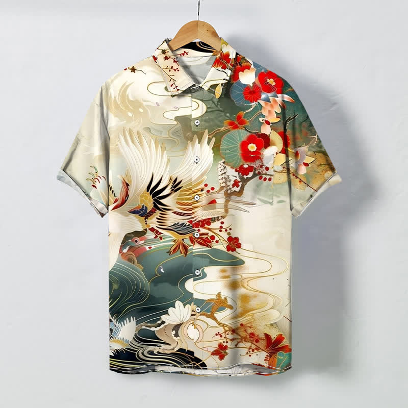 Buddha Stones Camisa transpirable de manga corta para hombre con botones y estampado floral de olas de grulla - Lino - US/UK/AU48, UE58 (4XL) - image 0