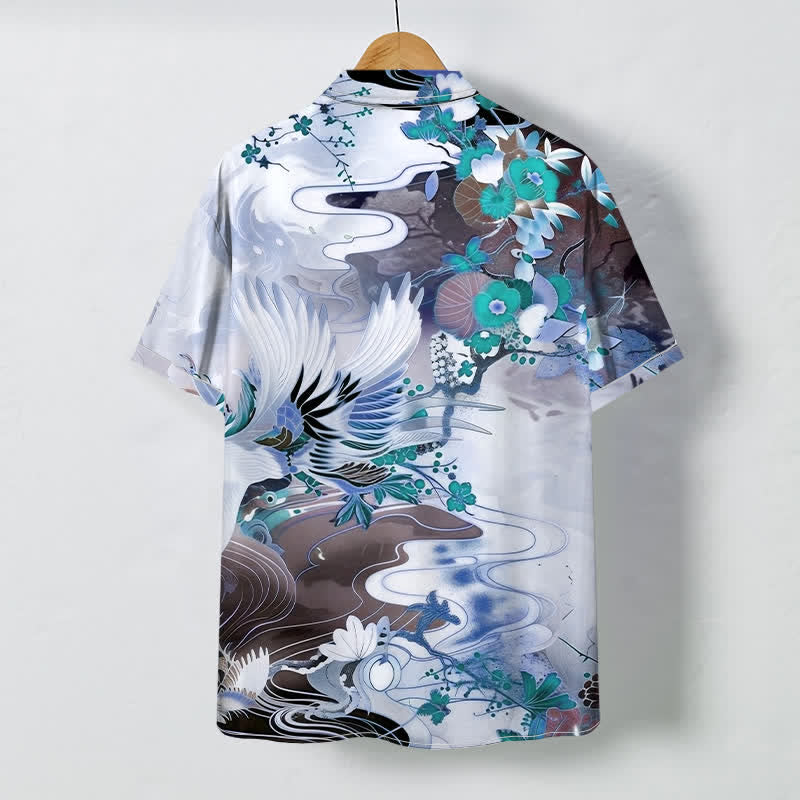 Buddha Stones Camisa transpirable de manga corta para hombre con botones y estampado floral de olas de grulla - image 4